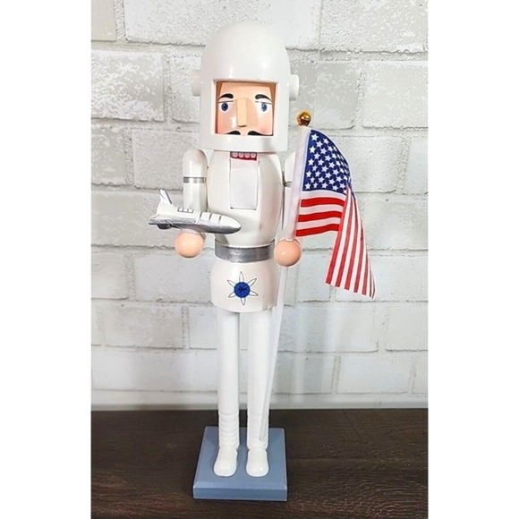 Unbranded Holiday Astronaut Nutcracker Wooden 6 Inch Spaceman Flag